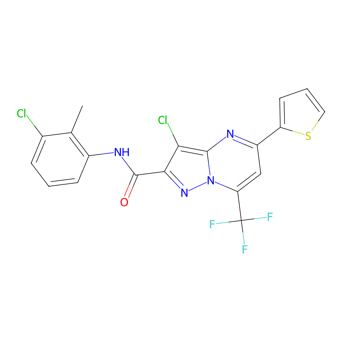 3-chloro-N-(3-chloro-2-methylphenyl)-5-(thiophen-2-yl)-7-(trifluoromethyl)pyrazolo[1,5-a]pyrimidine-2-carboxamide molecular structure, CAS 313247-06-2