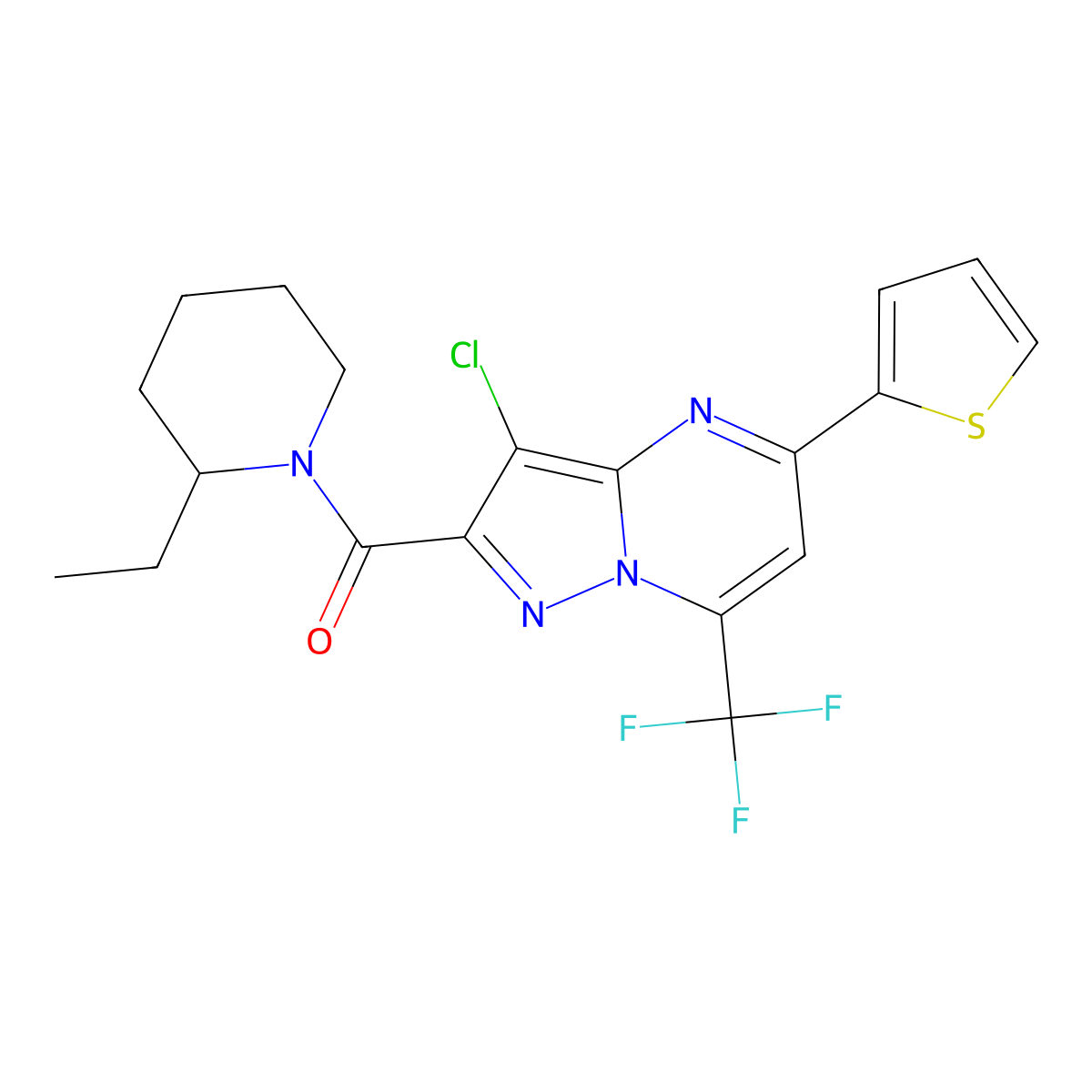 [3-Chloro-5-thiophen-2-yl-7-(trifluoromethyl)pyrazolo[1,5-a]pyrimidin-2-yl]-(2-ethylpiperidin-1-yl)methanone molecular structure, CAS 313247-18-6