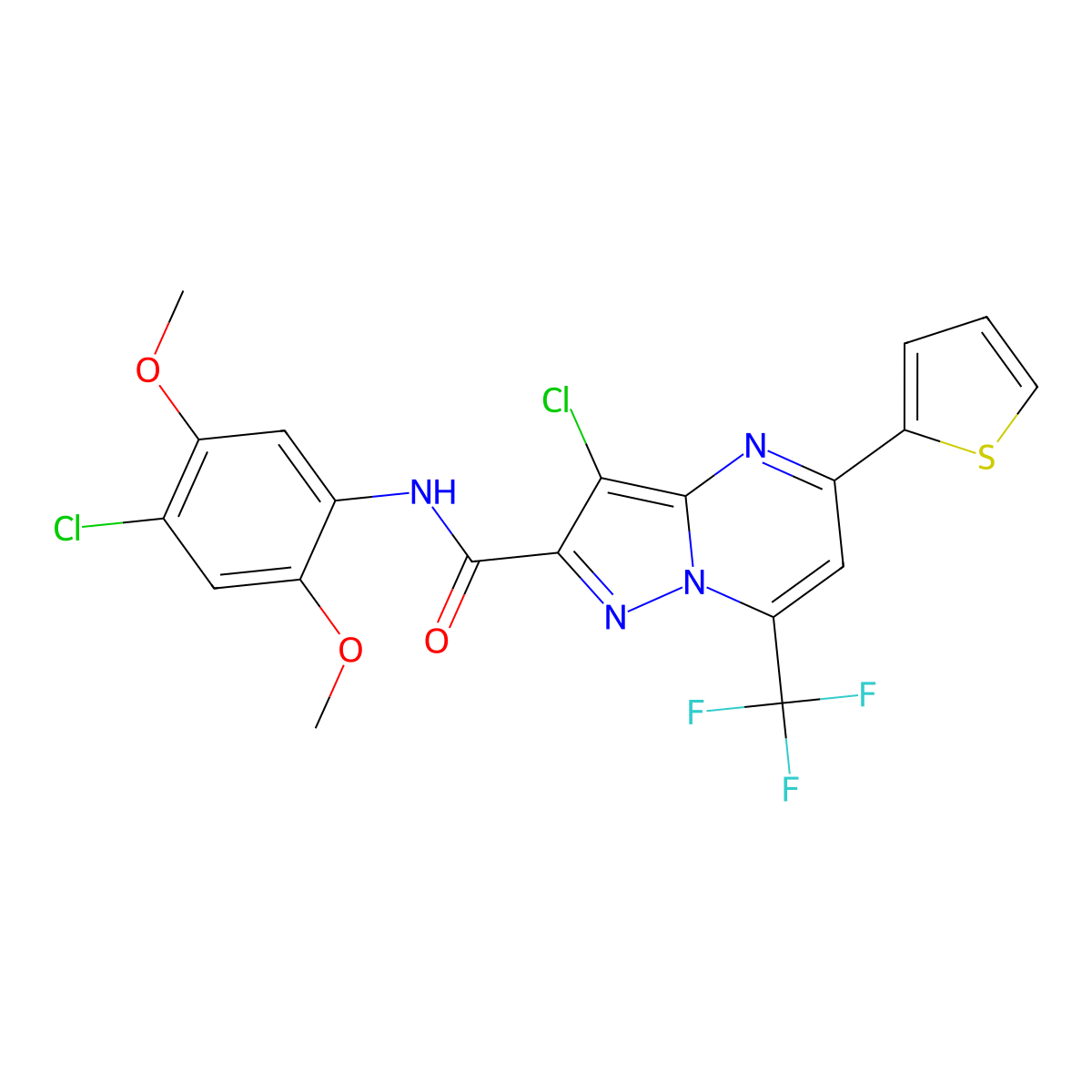 3-chloro-N-(4-chloro-2,5-dimethoxyphenyl)-5-(thiophen-2-yl)-7-(trifluoromethyl)pyrazolo[1,5-a]pyrimidine-2-carboxamide molecular structure, CAS 313247-32-4