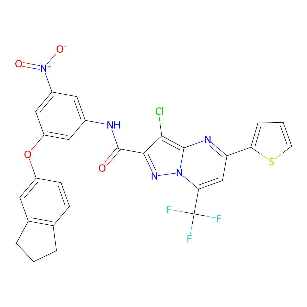 3-chloro-N-[3-(2,3-dihydro-1H-inden-5-yloxy)-5-nitrophenyl]-5-thiophen-2-yl-7-(trifluoromethyl)pyrazolo[1,5-a]pyrimidine-2-carboxamide molecular structure, CAS 313247-55-1