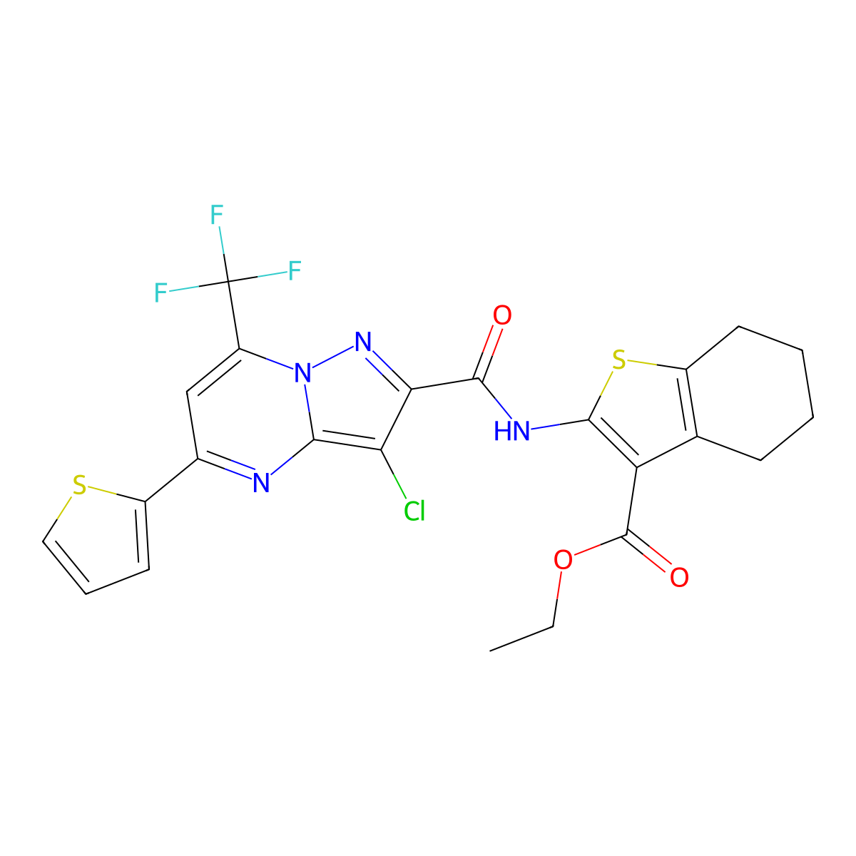 Ethyl 2-[[3-chloro-5-thiophen-2-yl-7-(trifluoromethyl)pyrazolo[1,5-a]pyrimidine-2-carbonyl]amino]-4,5,6,7-tetrahydro-1-benzothiophene-3-carboxylate molecular structure, CAS 313247-58-4