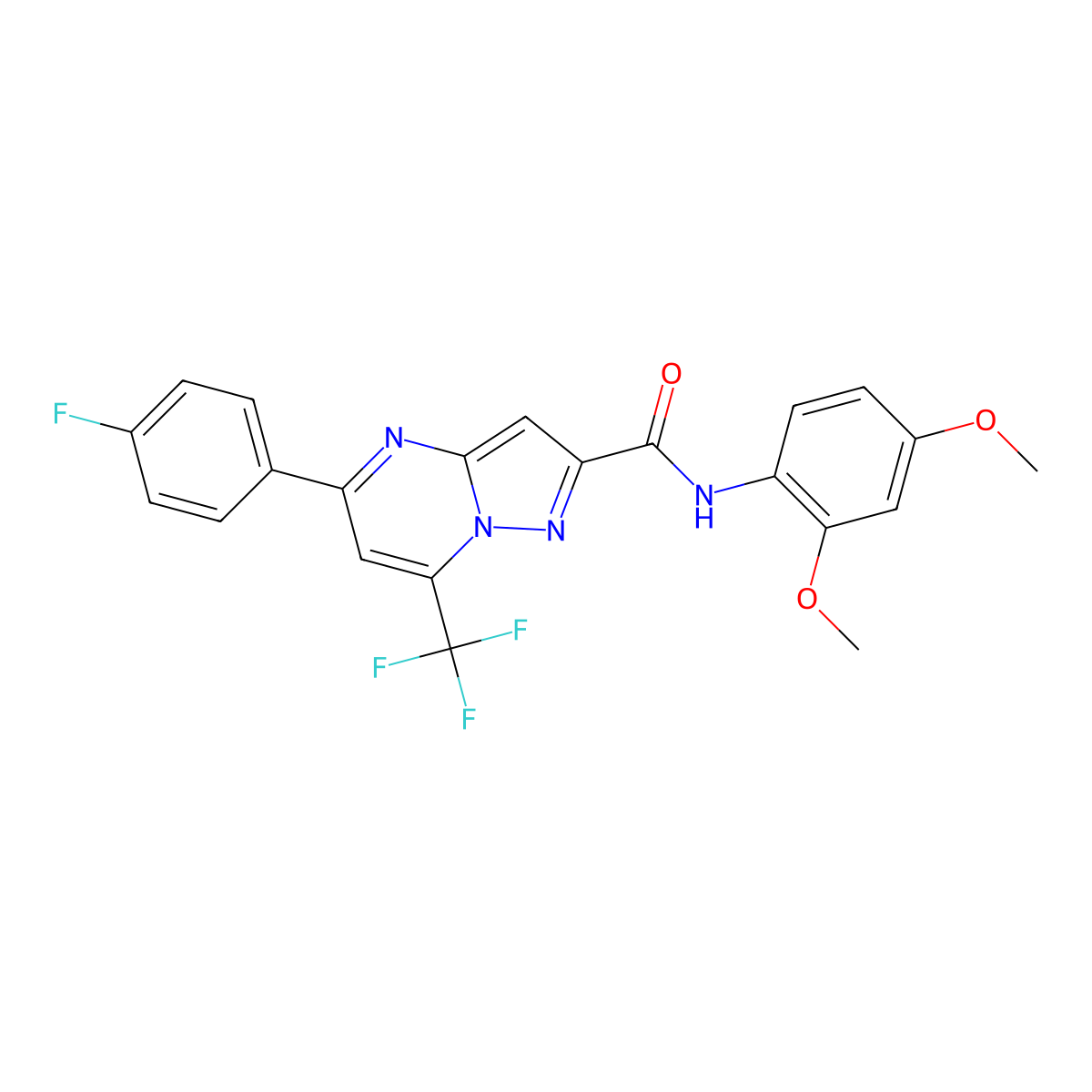 N-(2,4-dimethoxyphenyl)-5-(4-fluorophenyl)-7-(trifluoromethyl)pyrazolo[1,5-a]pyrimidine-2-carboxamide molecular structure, CAS 313248-05-4