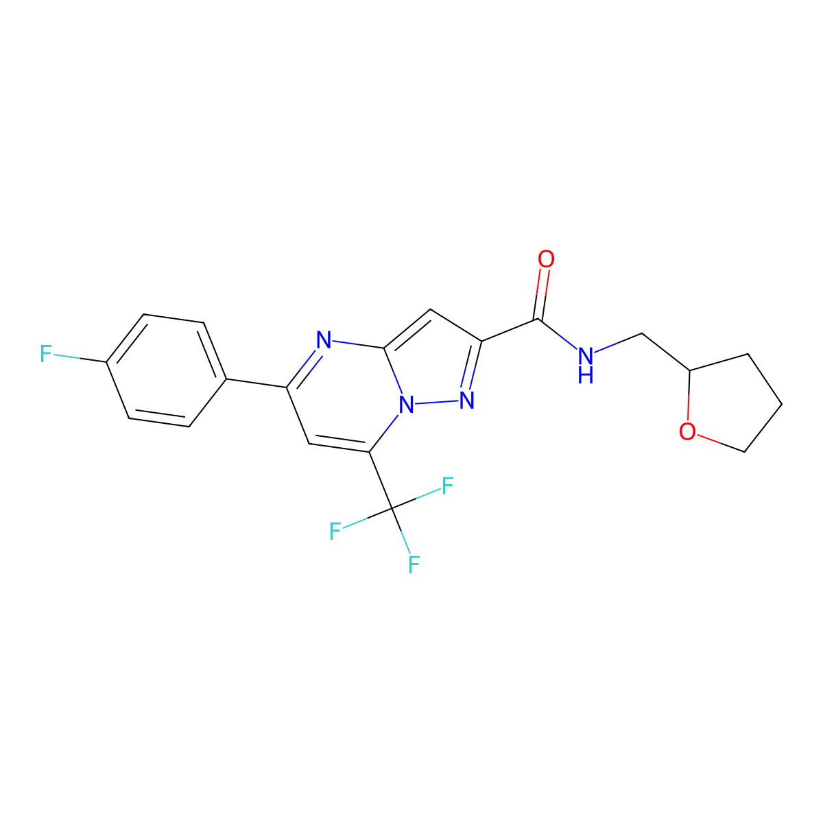 5-(4-fluorophenyl)-N-(tetrahydrofuran-2-ylmethyl)-7-(trifluoromethyl)pyrazolo[1,5-a]pyrimidine-2-carboxamide molecular structure, CAS 313248-14-5