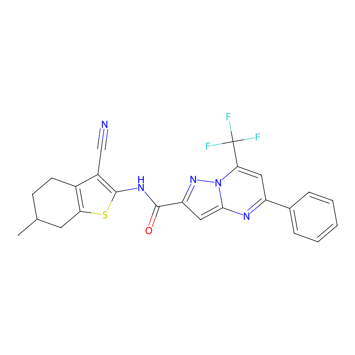 N-(3-cyano-6-methyl-4,5,6,7-tetrahydro-1-benzothiophen-2-yl)-5-phenyl-7-(trifluoromethyl)pyrazolo[1,5-a]pyrimidine-2-carboxamide molecular structure, CAS 313248-29-2