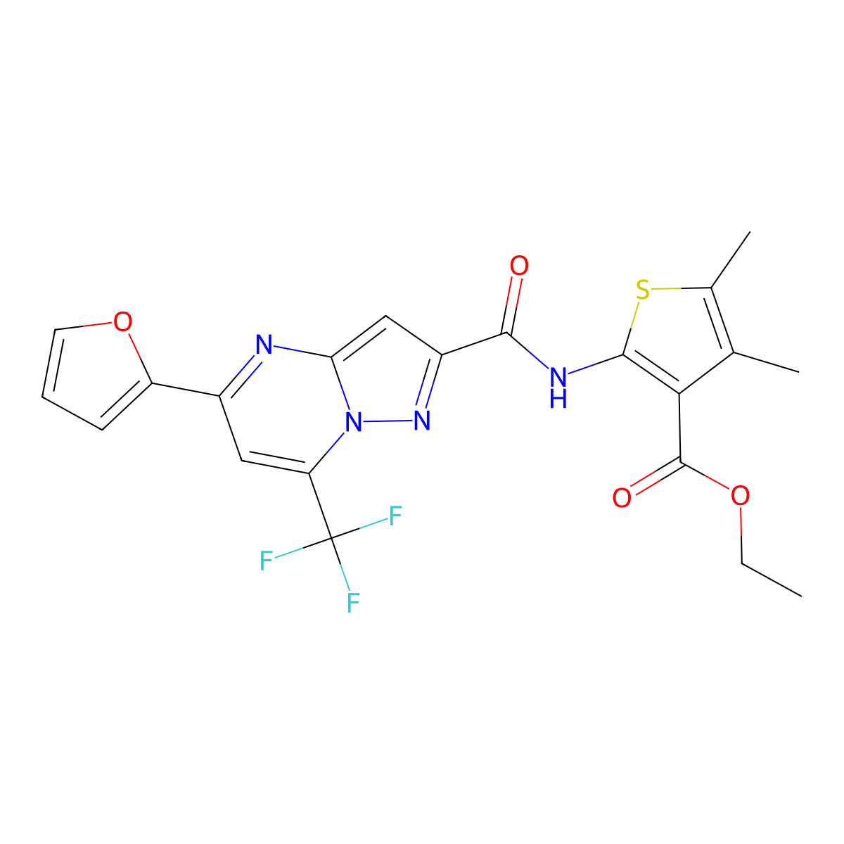 Ethyl 2-({[5-(2-furyl)-7-(trifluoromethyl)pyrazolo[1,5-a]pyrimidin-2-yl]carbonyl}amino)-4,5-dimethyl-3-thiophenecarboxylate molecular structure, CAS 313248-41-8