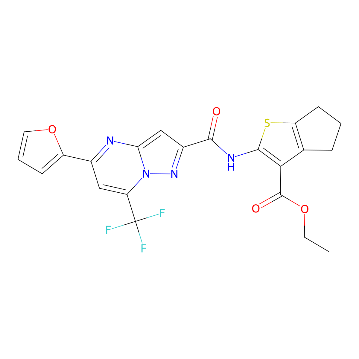 ethyl 2-({[5-(2-furyl)-7-(trifluoromethyl)pyrazolo[1,5-a]pyrimidin-2-yl]carbonyl}amino)-5,6-dihydro-4H-cyclopenta[b]thiophene-3-carboxylate molecular structure, CAS 313248-42-9