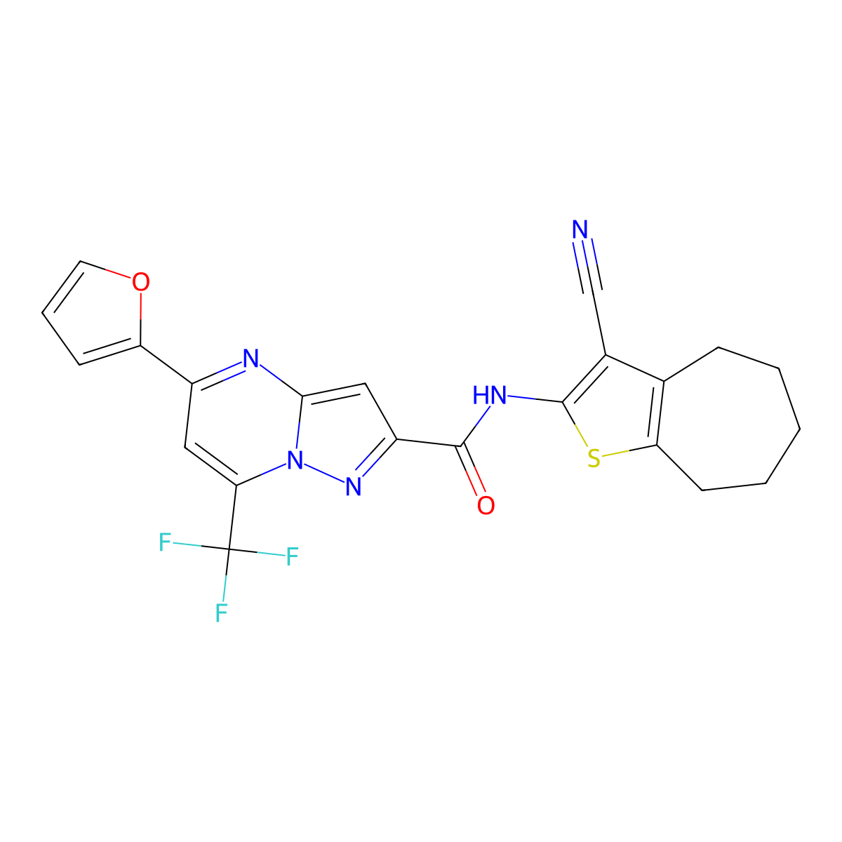 N-(3-cyano-5,6,7,8-tetrahydro-4H-cyclohepta[b]thiophen-2-yl)-5-(furan-2-yl)-7-(trifluoromethyl)pyrazolo[1,5-a]pyrimidine-2-carboxamide molecular structure, CAS 313248-47-4