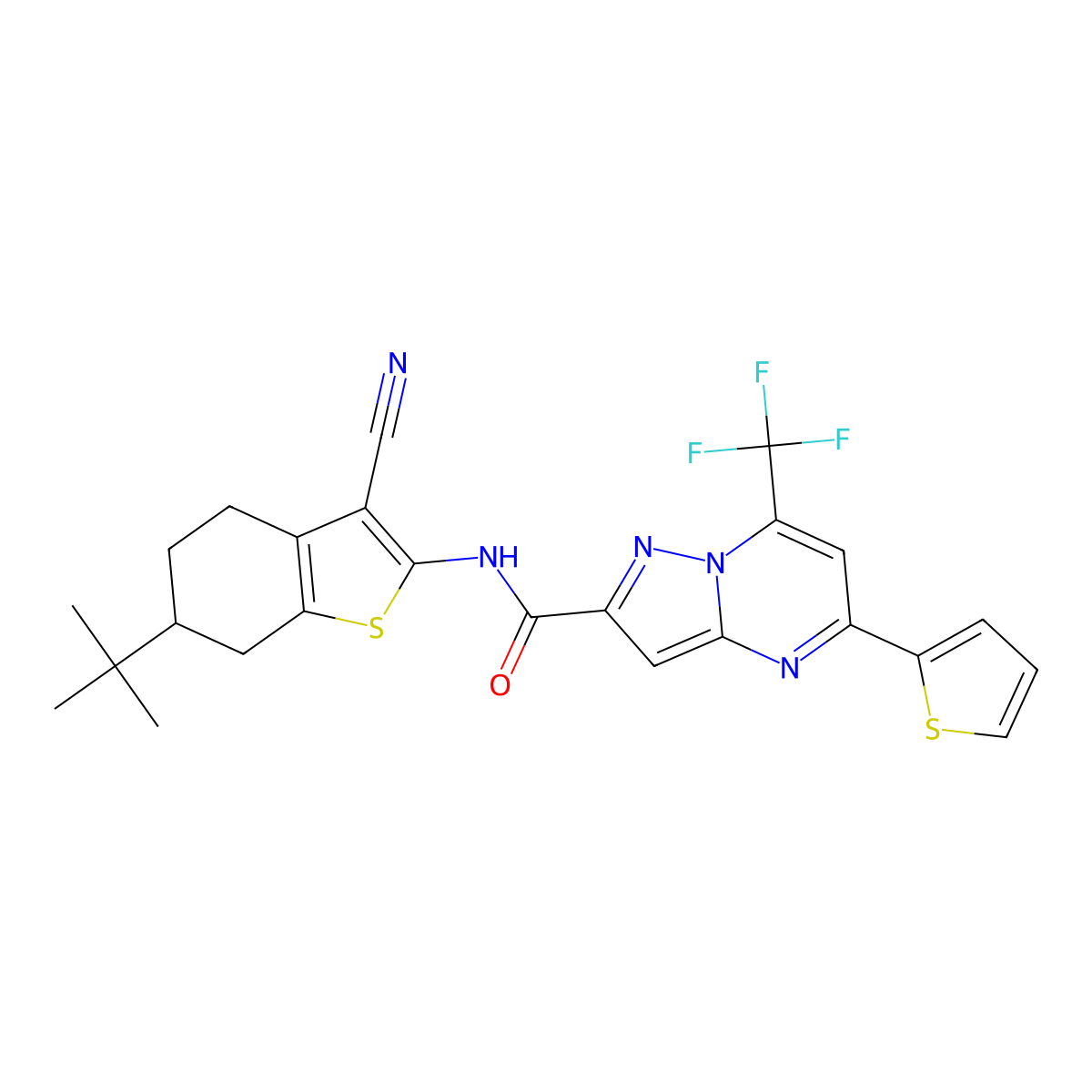 N-(6-(tert-butyl)-3-cyano-4,5,6,7-tetrahydrobenzo[b]thiophen-2-yl)-5-(thiophen-2-yl)-7-(trifluoromethyl)pyrazolo[1,5-a]pyrimidine-2-carboxamide molecular structure, CAS 313248-57-6
