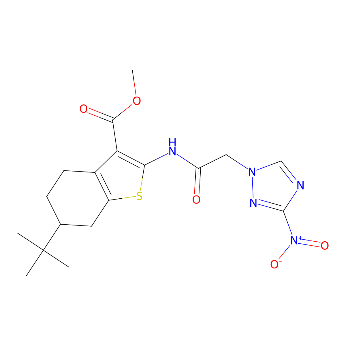 Methyl 6-tert-butyl-2-[[2-(3-nitro-1,2,4-triazol-1-yl)acetyl]amino]-4,5,6,7-tetrahydro-1-benzothiophene-3-carboxylate molecular structure, CAS 313248-69-0