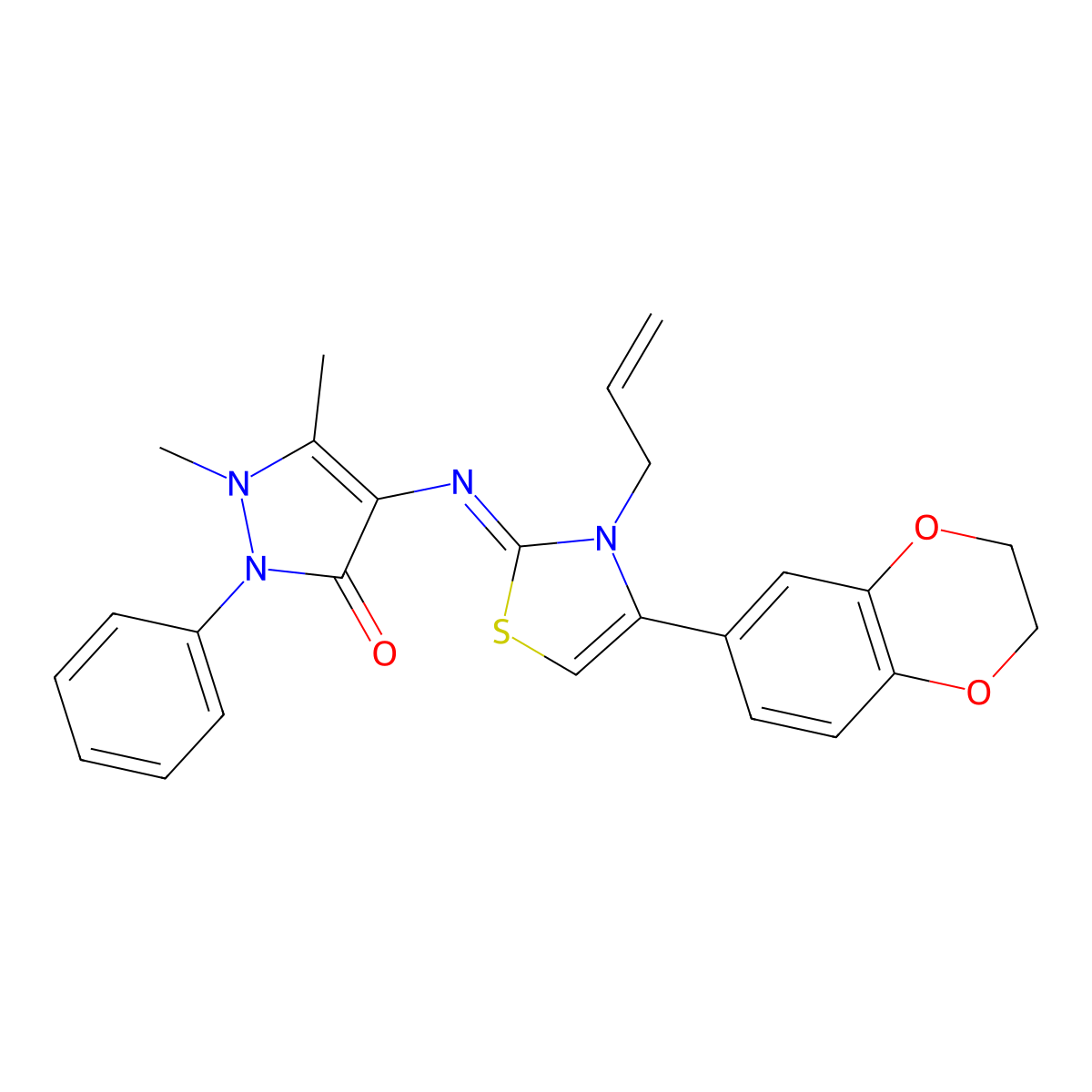 4-{[(2E)-4-(2,3-Dihydro-1,4-benzodioxin-6-YL)-3-(prop-2-EN-1-YL)-2,3-dihydro-1,3-thiazol-2-ylidene]amino}-1,5-dimethyl-2-phenyl-2,3-dihydro-1H-pyrazol-3-one molecular structure, CAS 313252-47-0