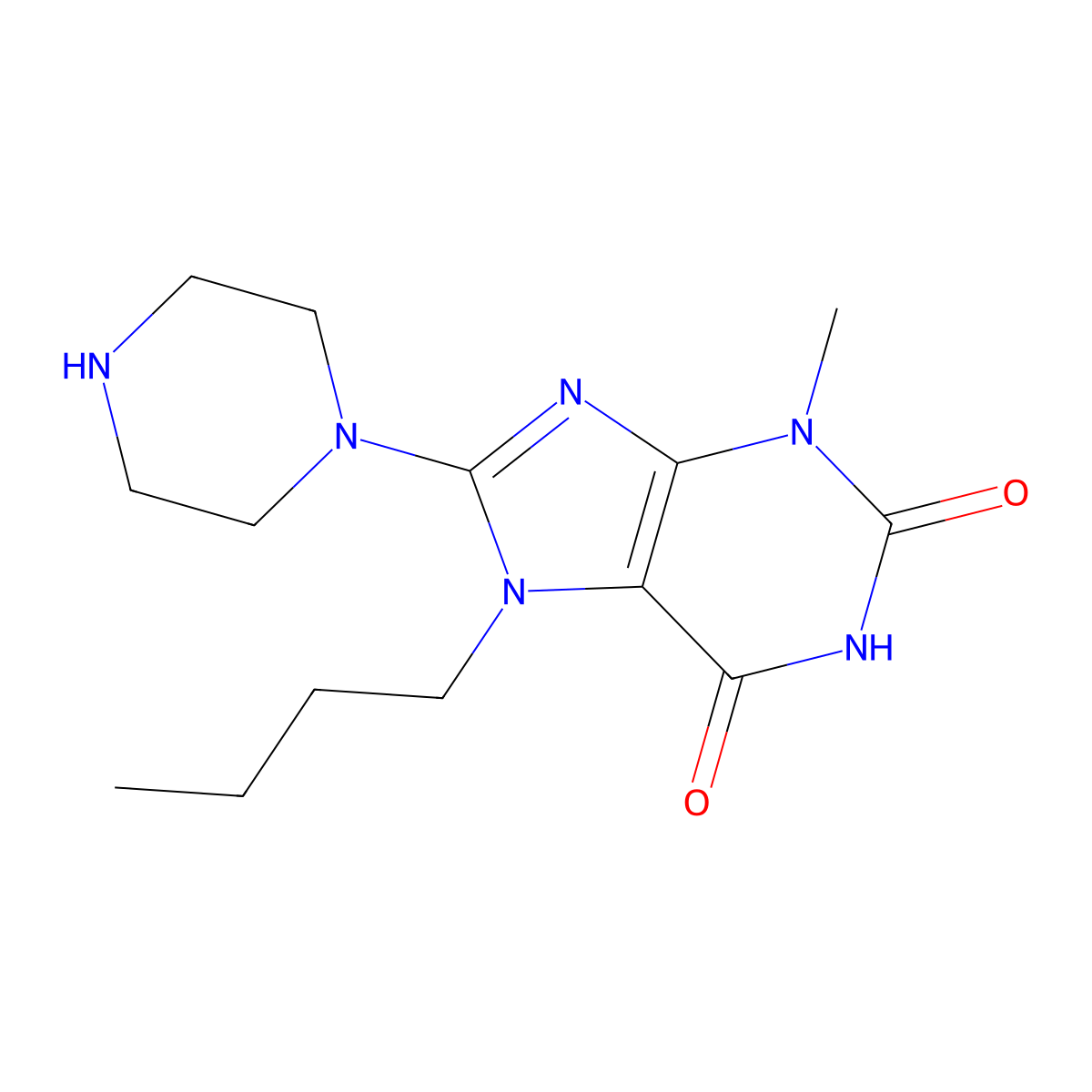7-Butyl-3-methyl-8-piperazin-1-ylpurine-2,6-dione molecular structure, CAS 313255-35-5