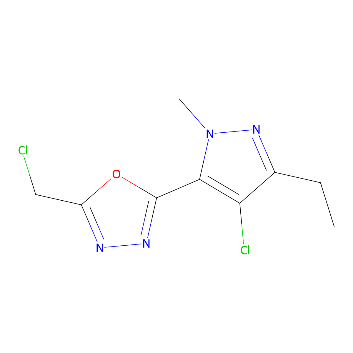 2-(4-chloro-3-ethyl-1-methyl-1H-pyrazol-5-yl)-5-(chloromethyl)-1,3,4-oxadiazole molecular structure, CAS 313258-09-2