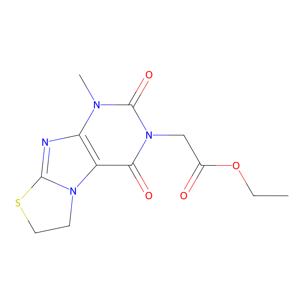 ethyl (1-methyl-2,4-dioxo-1,4,6,7-tetrahydro[1,3]thiazolo[2,3-f]purin-3(2H)-yl)acetate molecular structure, CAS 313262-58-7