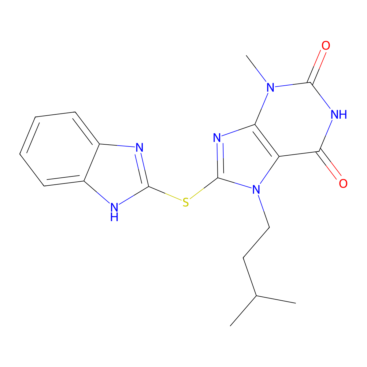 8-((1H-benzo[d]imidazol-2-yl)thio)-7-isopentyl-3-methyl-1H-purine-2,6(3H,7H)-dione molecular structure, CAS 313262-61-2