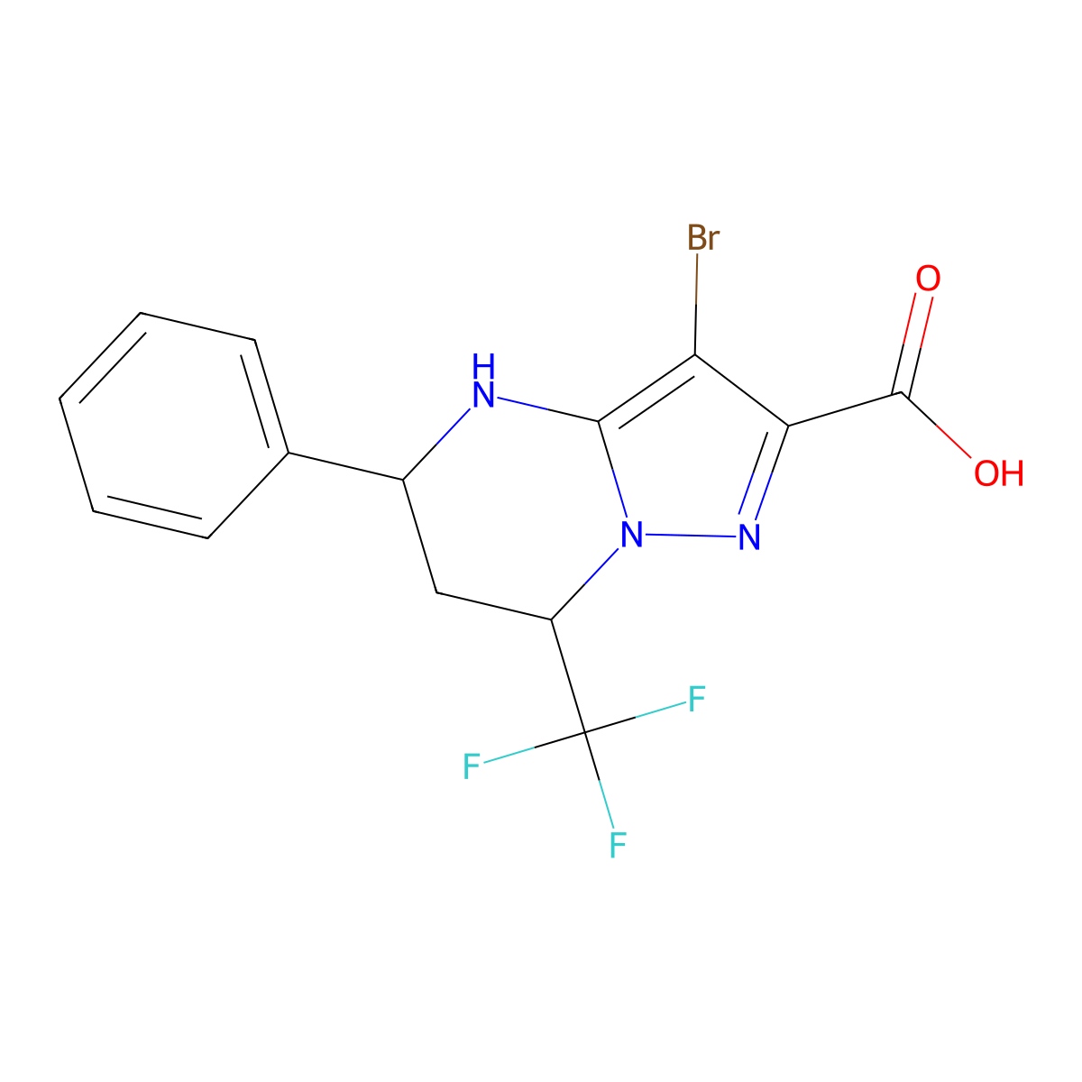 3-Bromo-5-phenyl-7-(trifluoromethyl)-4,5,6,7-tetrahydropyrazolo[1,5-a]pyrimidine-2-carboxylic acid molecular structure, CAS 313264-11-8