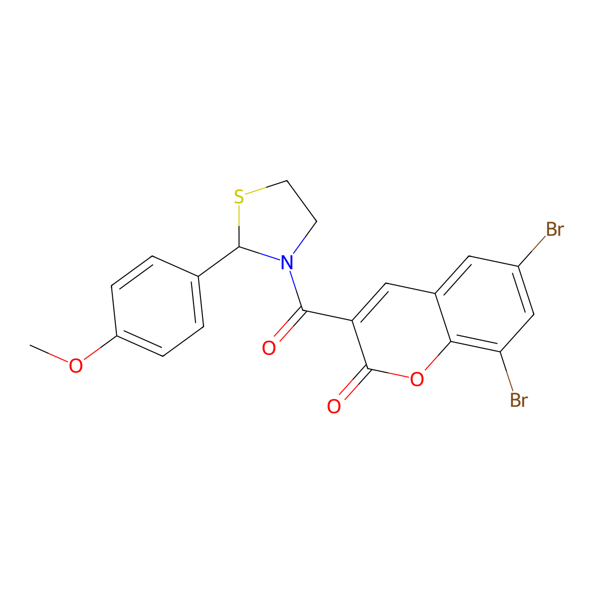 6,8-dibromo-3-(2-(4-methoxyphenyl)thiazolidine-3-carbonyl)-2H-chromen-2-one molecular structure, CAS 313266-98-7