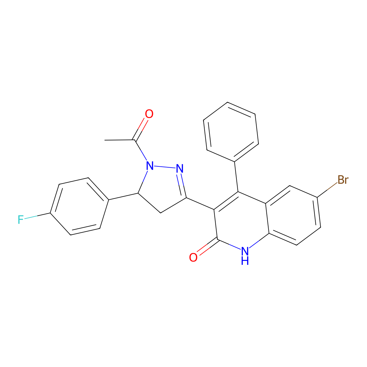 3-(1-acetyl-5-(4-fluorophenyl)-4,5-dihydro-1H-pyrazol-3-yl)-6-bromo-4-phenylquinolin-2(1H)-one molecular structure, CAS 313267-05-9