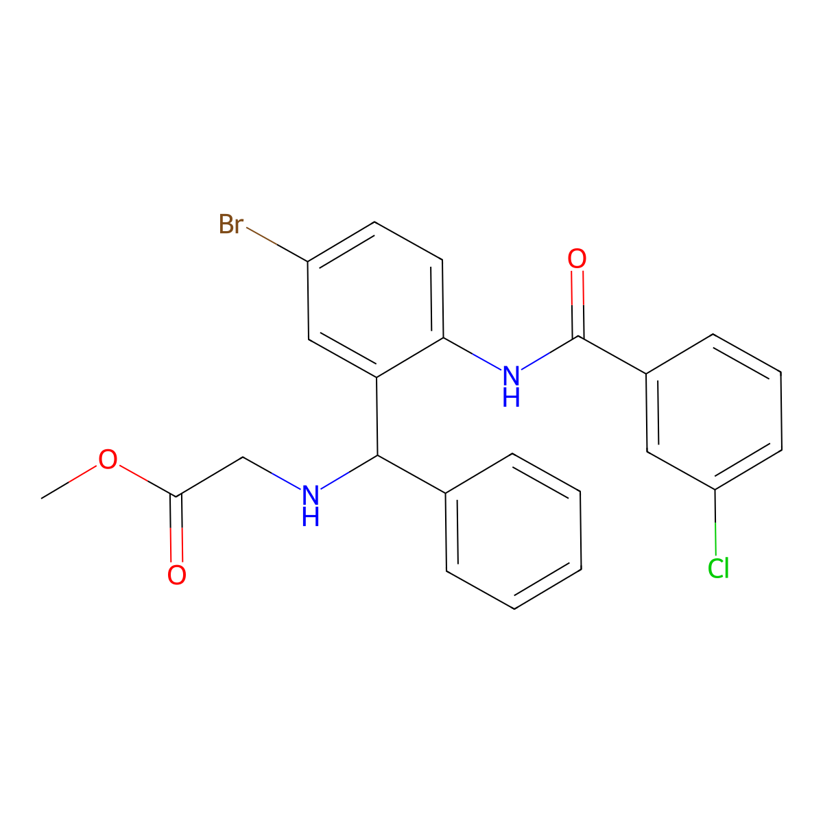 Methyl 2-(((5-bromo-2-(3-chlorobenzamido)phenyl)(phenyl)methyl)amino)acetate molecular structure, CAS 313268-63-2