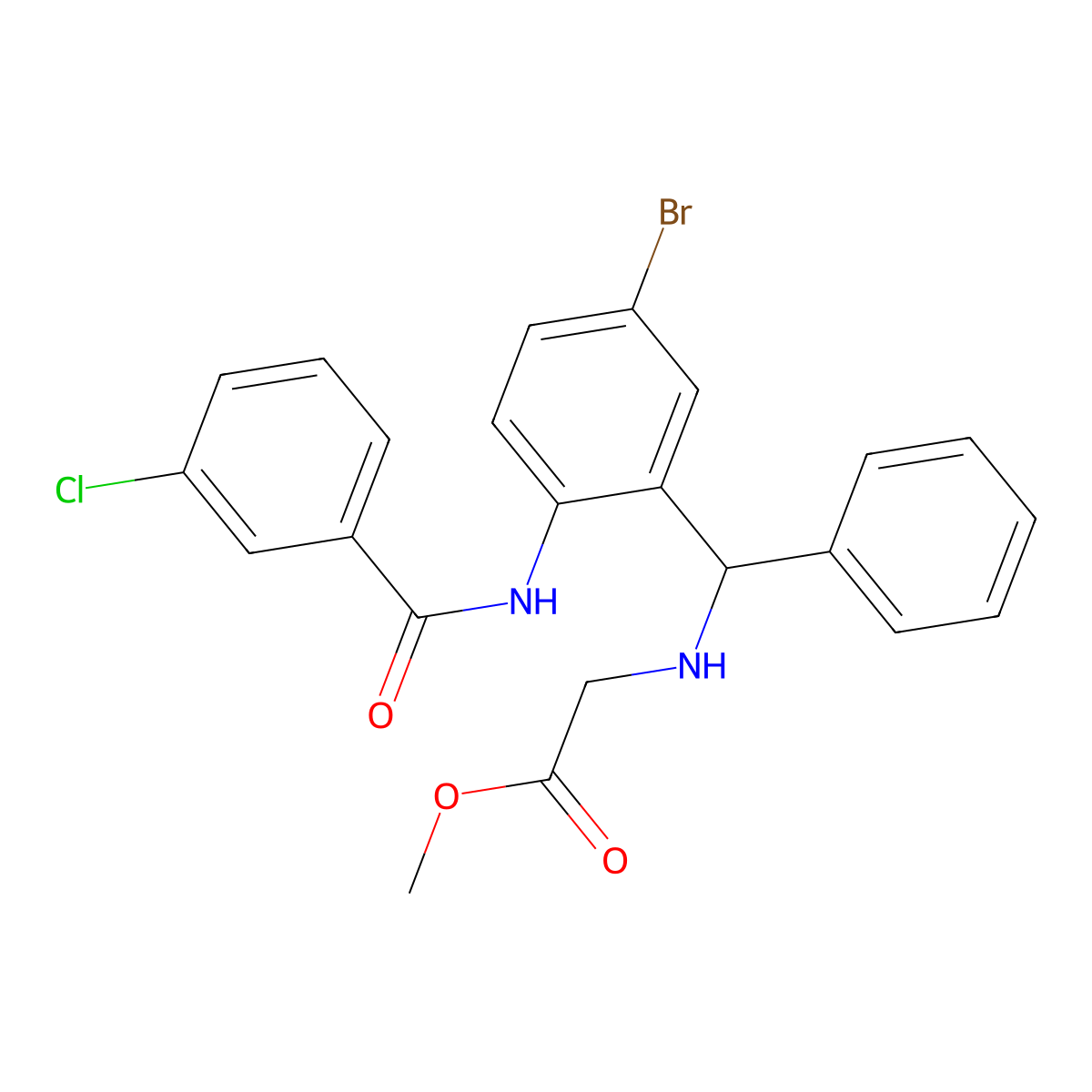 Methyl 2-(((5-bromo-2-(3-chlorobenzamido)phenyl)(phenyl)methyl)amino)acetate molecular structure, CAS 313268-63-2