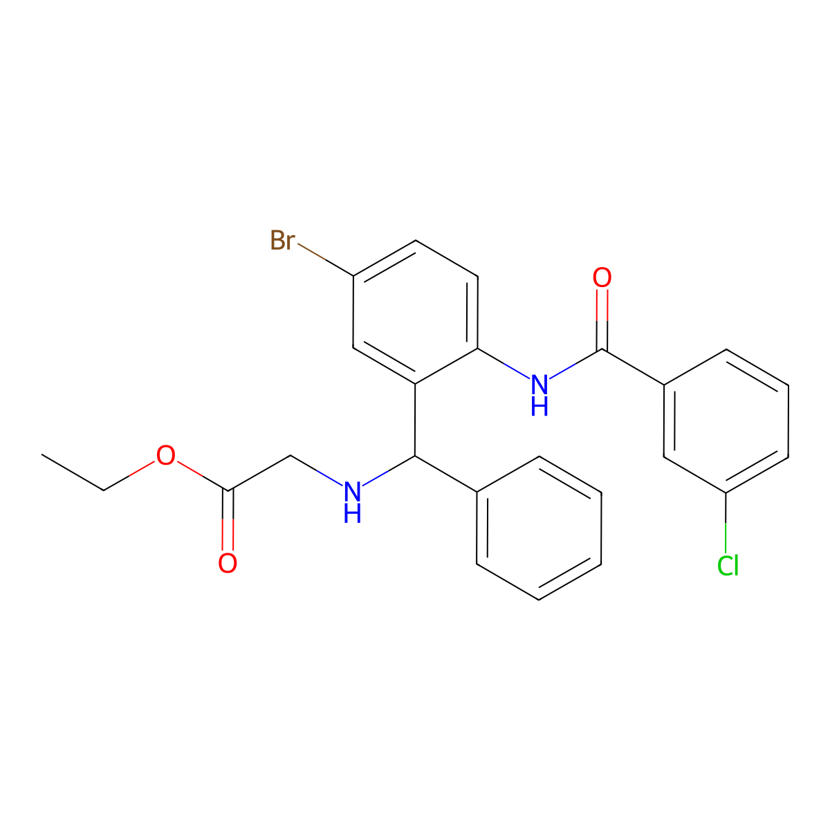 Ethyl 2-[[[5-bromo-2-[(3-chlorobenzoyl)amino]phenyl]-phenylmethyl]amino]acetate molecular structure, CAS 313268-64-3