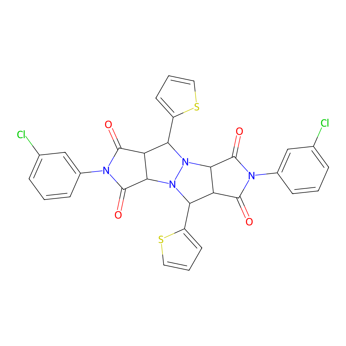 2,7-bis(3-chlorophenyl)-5,10-di(2-thienyl)tetrahydropyrrolo[3,4-c]pyrrolo[3',4':4,5]pyrazolo[1,2-a]pyrazole-1,3,6,8(2H,3aH,5H,7H)-tetrone molecular structure, CAS 313270-82-5