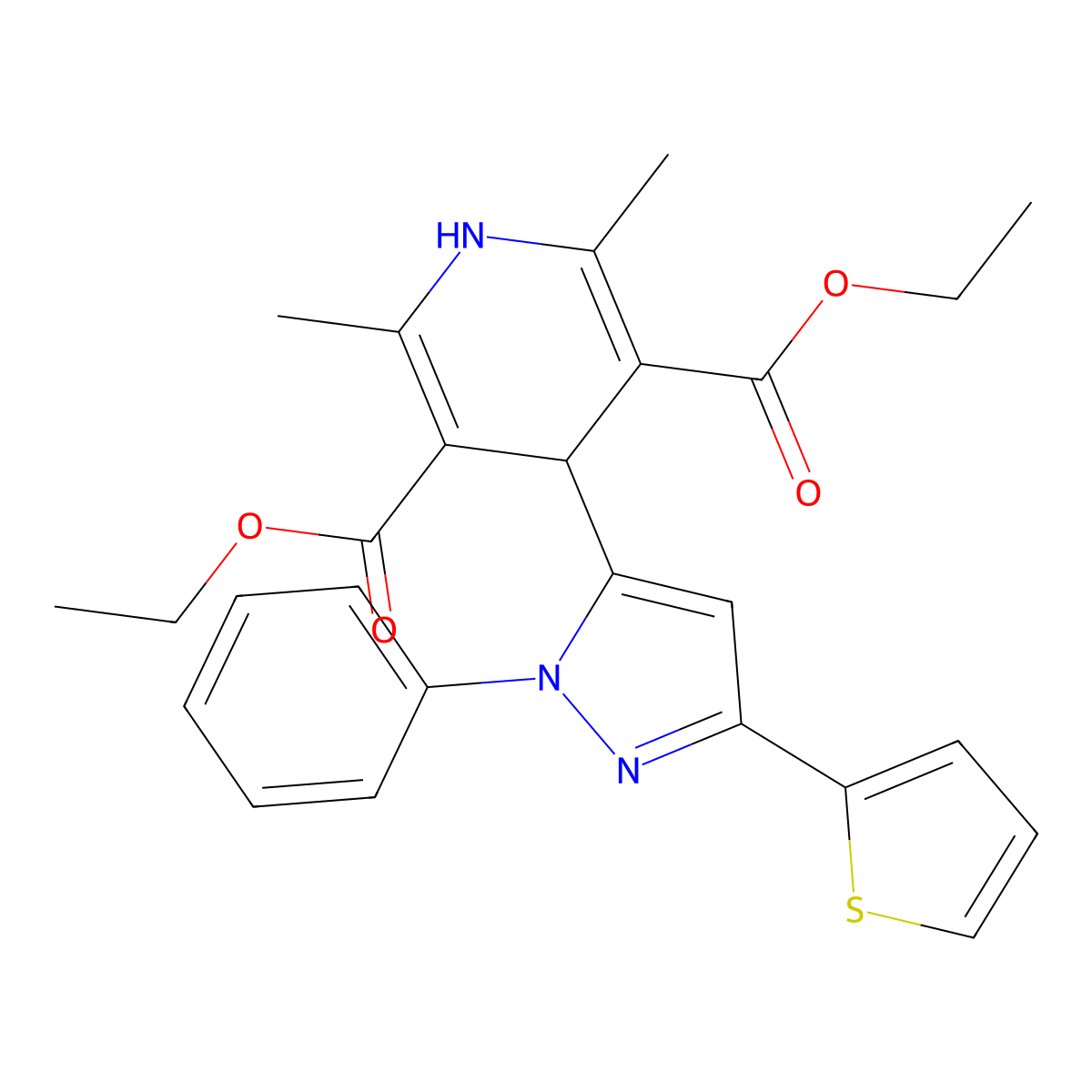 Diethyl 2,6-dimethyl-4-(2-phenyl-5-thiophen-2-ylpyrazol-3-yl)-1,4-dihydropyridine-3,5-dicarboxylate molecular structure, CAS 313272-58-1