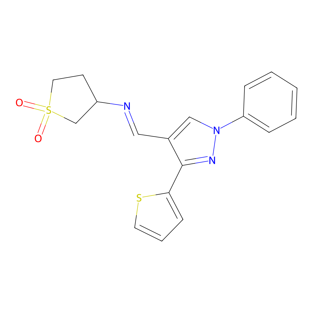 (E)-3-(((1-phenyl-3-(thiophen-2-yl)-1H-pyrazol-4-yl)methylene)amino)tetrahydrothiophene 1,1-dioxide molecular structure, CAS 313273-15-3