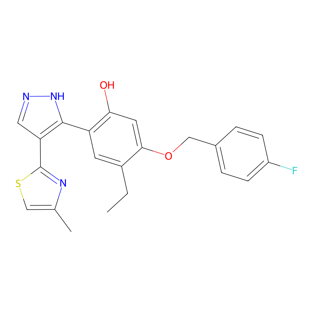 4-ethyl-5-[(4-fluorobenzyl)oxy]-2-[4-(4-methyl-1,3-thiazol-2-yl)-1H-pyrazol-3-yl]phenol molecular structure, CAS 313273-37-9