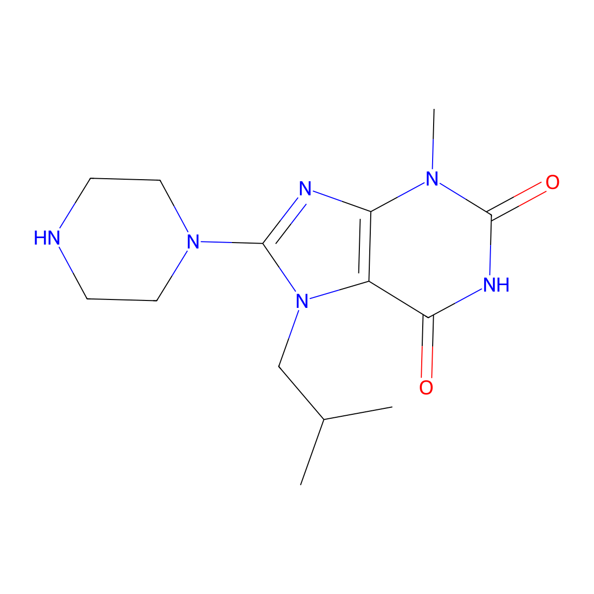 7-isobutyl-3-methyl-8-(piperazin-1-yl)-1H-purine-2,6(3H,7H)-dione molecular structure, CAS 313273-71-1