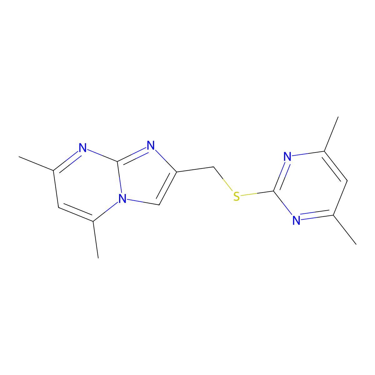 2-(4,6-Dimethyl-pyrimidin-2-ylsulfanylmethyl)-5,7-dimethyl-imidazo[1,2-a]pyrimidine molecular structure, CAS 313274-35-0