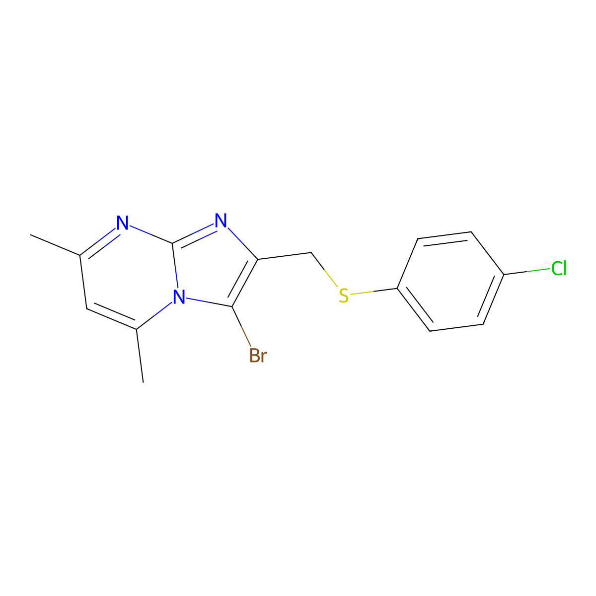 3-Bromo-2-(((4-chlorophenyl)thio)methyl)-5,7-dimethylimidazo[1,2-a]pyrimidine molecular structure, CAS 313274-37-2