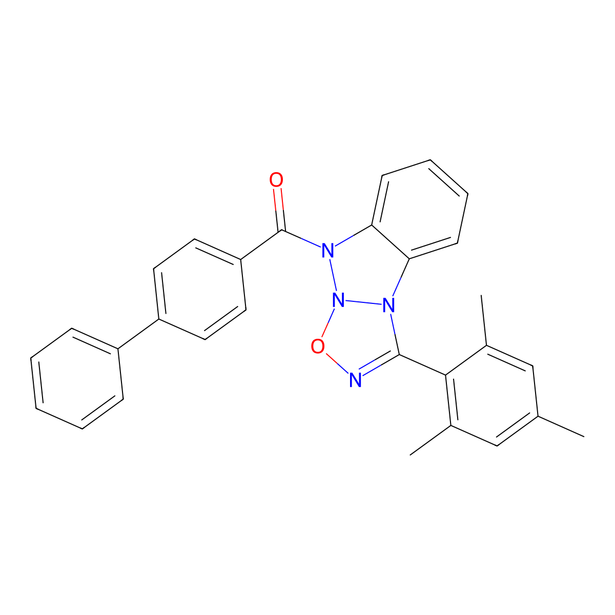 7-{[1,1'-Biphenyl]-4-carbonyl}-3-(2,4,6-trimethylphenyl)-5-oxa-2,4,6,7-tetraazatricyclo[6.4.0.0^{2,6}]dodeca-1(8),3,9,11-tetraene molecular structure, CAS 313275-46-6