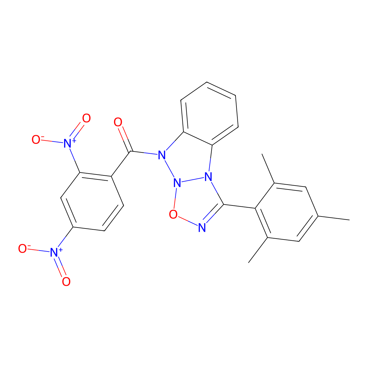 7-(2,4-Dinitrobenzoyl)-3-(2,4,6-trimethylphenyl)-5-oxa-2,4,6,7-tetraazatricyclo[6.4.0.0^{2,6}]dodeca-1(8),3,9,11-tetraene molecular structure, CAS 313275-52-4