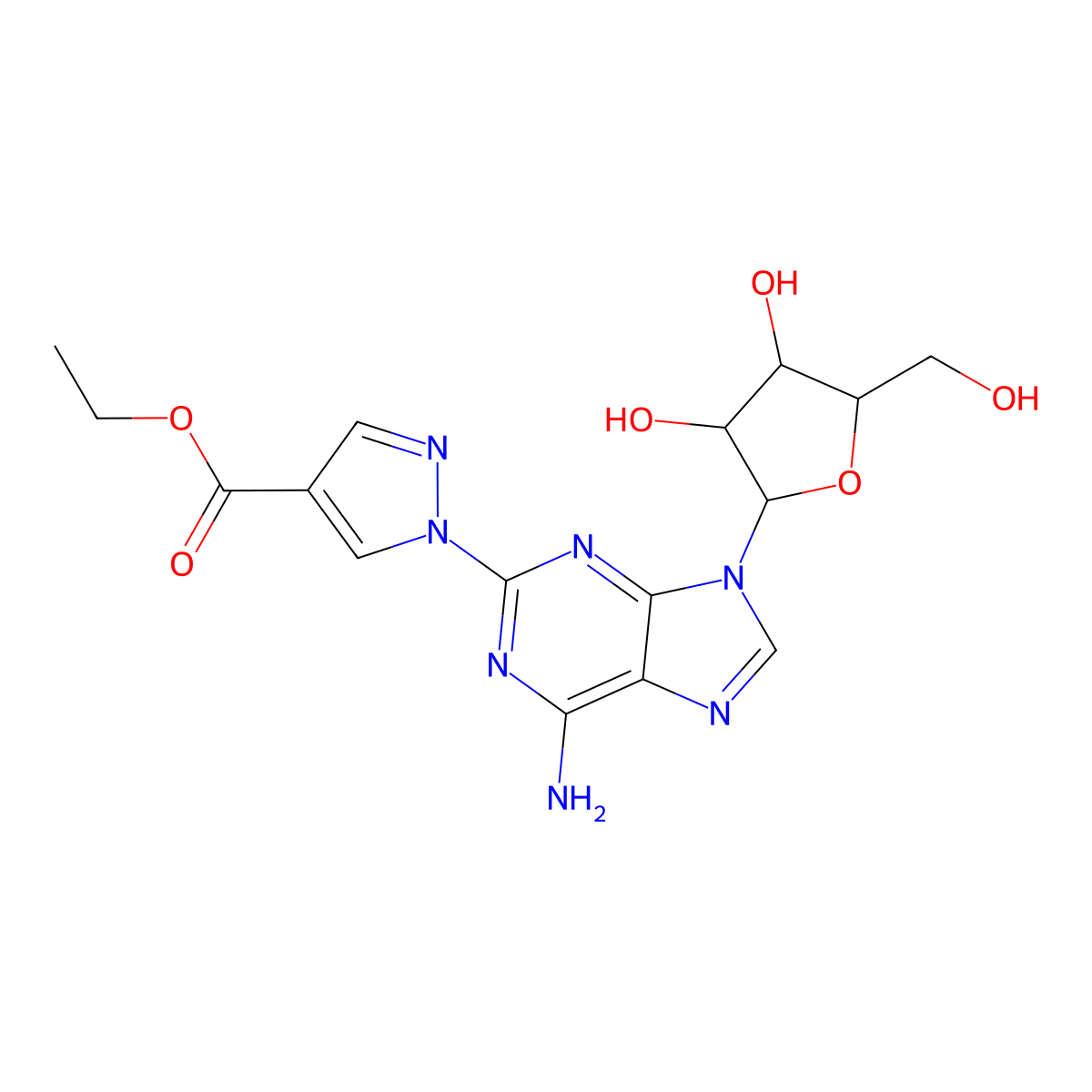 Ethyl 1-(6-amino-9-((2R,3R,4S,5R)-3,4-dihydroxy-5-(hydroxymethyl)tetrahydrofuran-2-yl)-9H-purin-2-yl)-1H-pyrazole-4-carboxylate molecular structure, CAS 313348-16-2