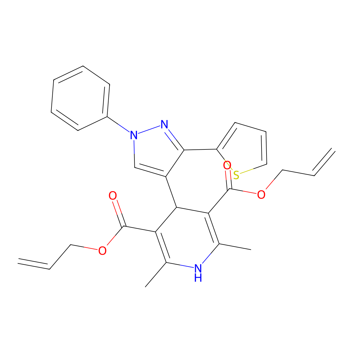 diallyl 2,6-dimethyl-4-(1-phenyl-3-thien-2-yl-1H-pyrazol-4-yl)-1,4-dihydropyridine-3,5-dicarboxylate molecular structure, CAS 313361-50-1