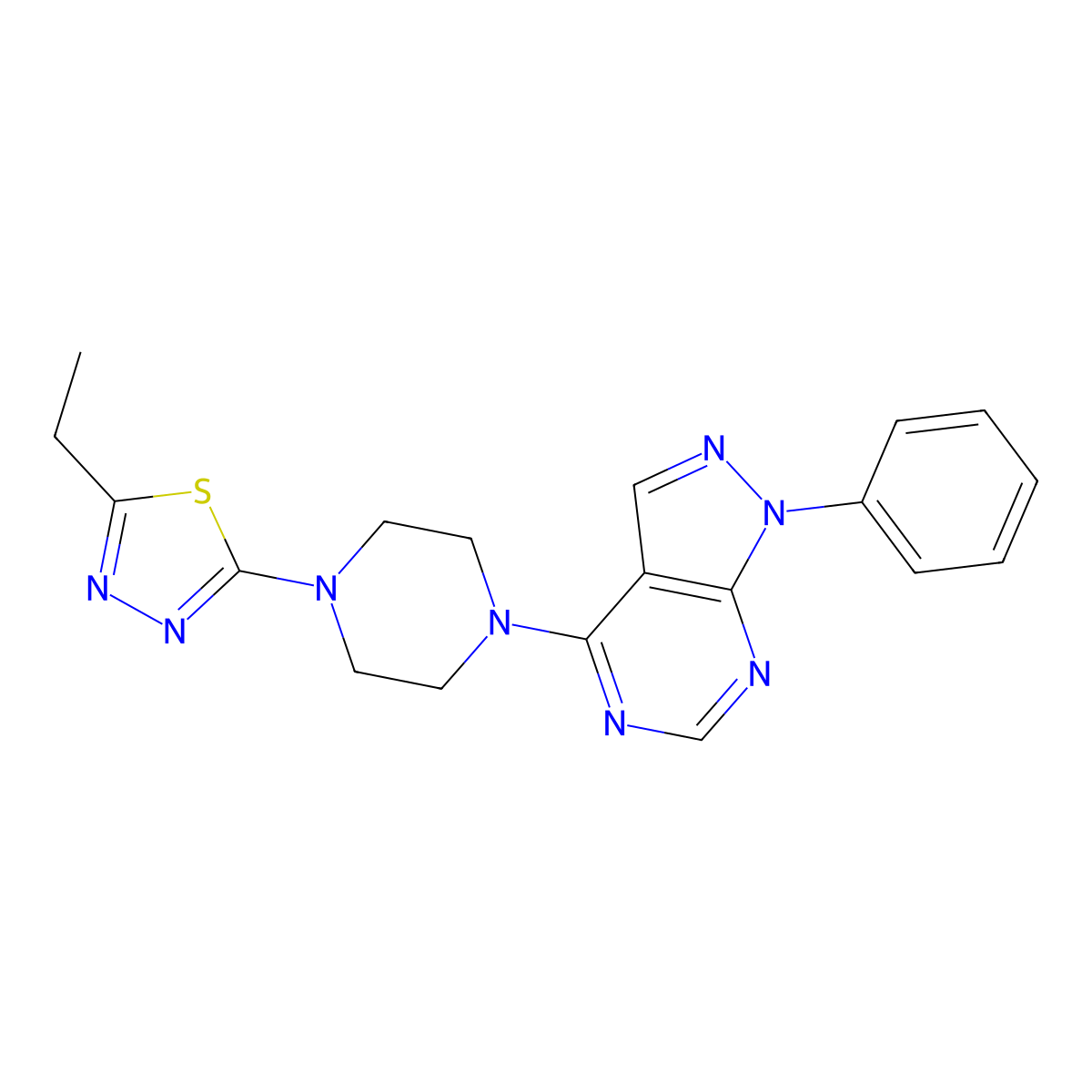 2-Ethyl-5-[4-(1-phenylpyrazolo[3,4-d]pyrimidin-4-yl)piperazin-1-yl]-1,3,4-thiadiazole molecular structure, CAS 313364-25-9