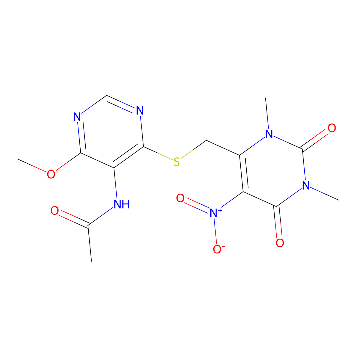 N-[4-Methoxy-6-[[(1,2,3,6-tetrahydro-1,3-dimethyl-5-nitro-2,6-dioxo-4-pyrimidinyl)methyl]thio]-5-pyrimidinyl]acetamide molecular structure, CAS 313371-34-5