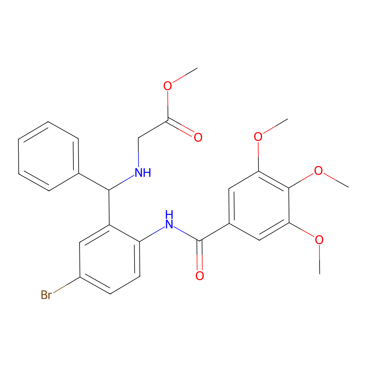 Methyl 2-[[[5-bromo-2-[(3,4,5-trimethoxybenzoyl)amino]phenyl]-phenylmethyl]amino]acetate molecular structure, CAS 313372-96-2