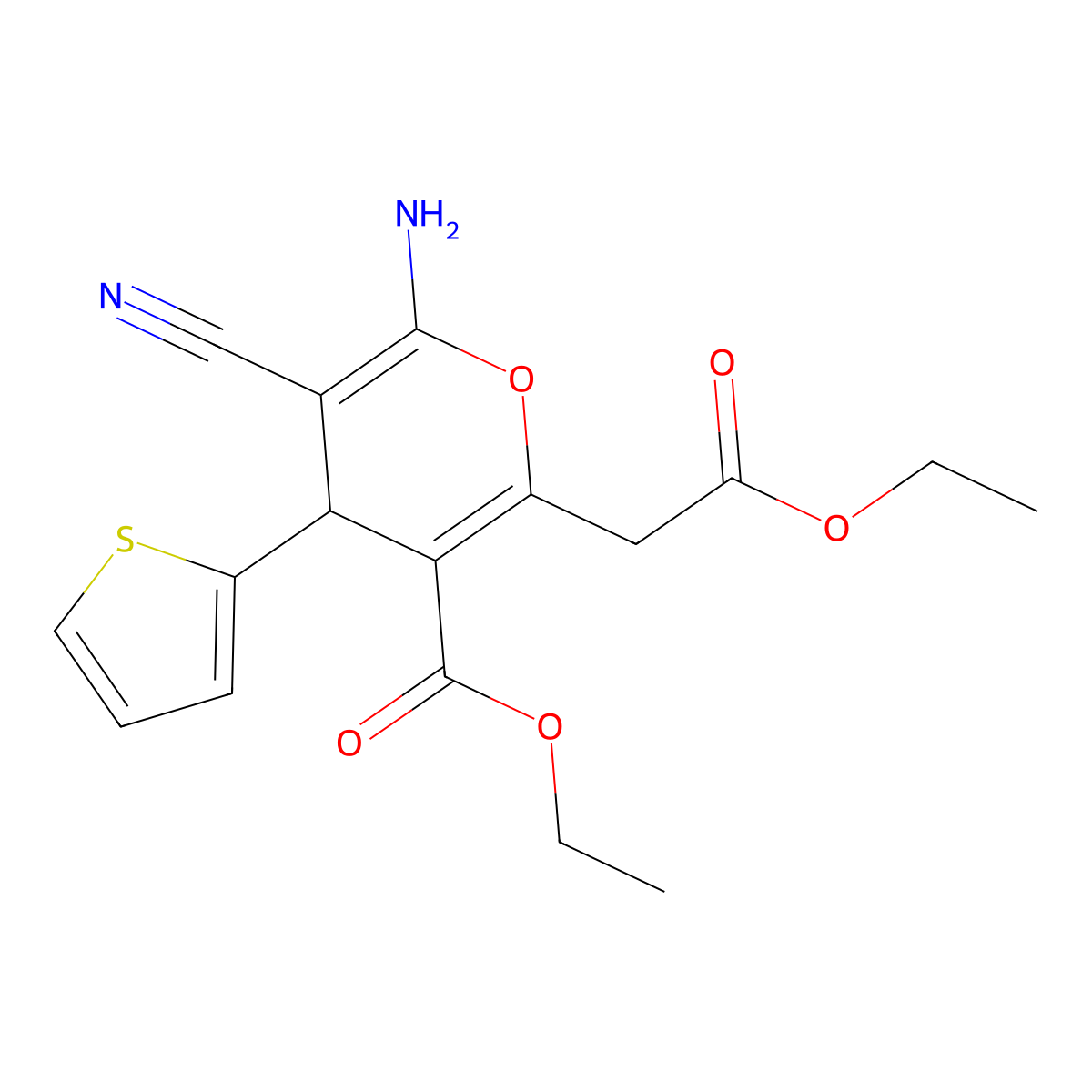 ethyl 6-amino-5-cyano-2-(2-ethoxy-2-oxoethyl)-4-(thiophen-2-yl)-4H-pyran-3-carboxylate molecular structure, CAS 313379-37-2