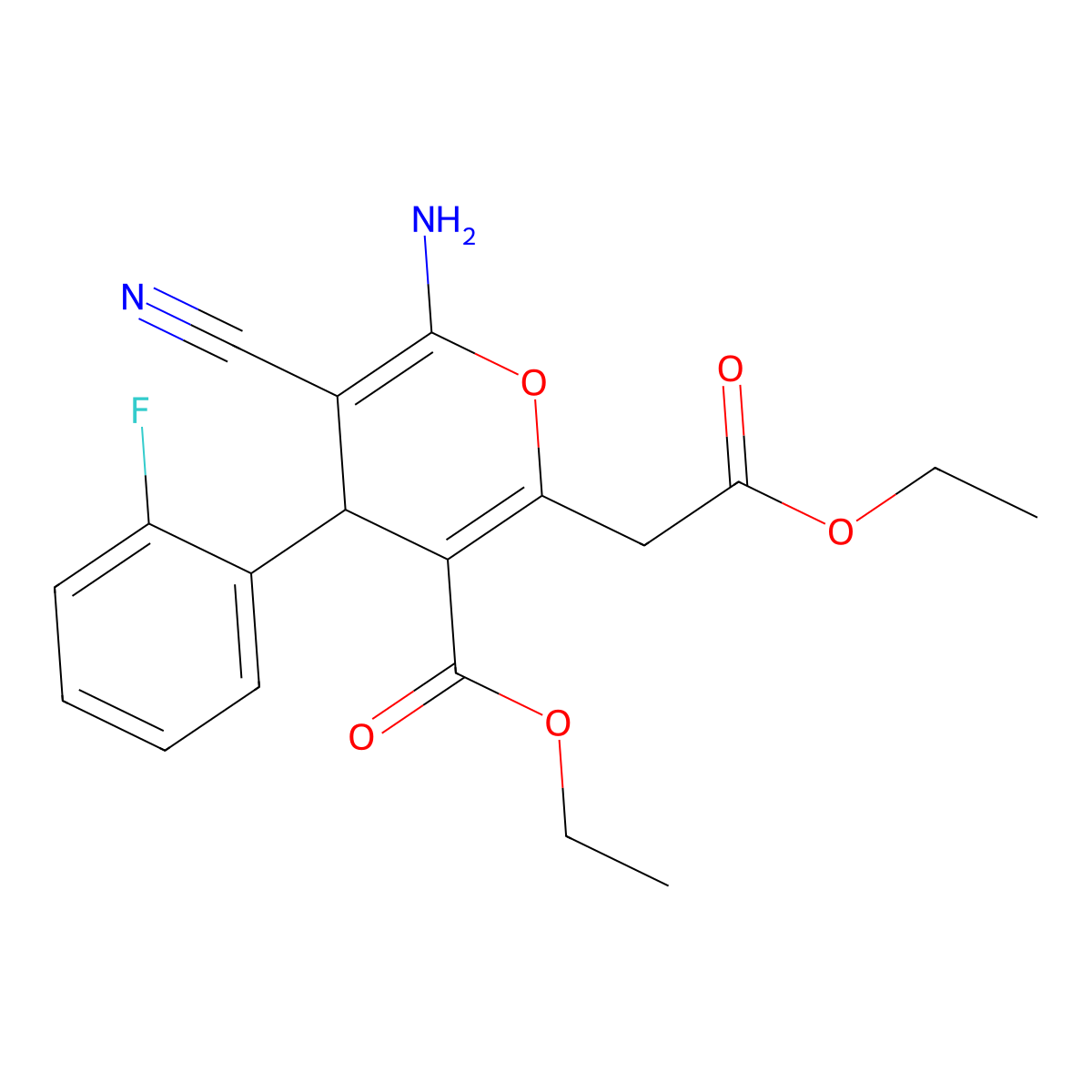 ethyl 6-amino-5-cyano-2-(2-ethoxy-2-oxoethyl)-4-(2-fluorophenyl)-4H-pyran-3-carboxylate molecular structure, CAS 313379-38-3