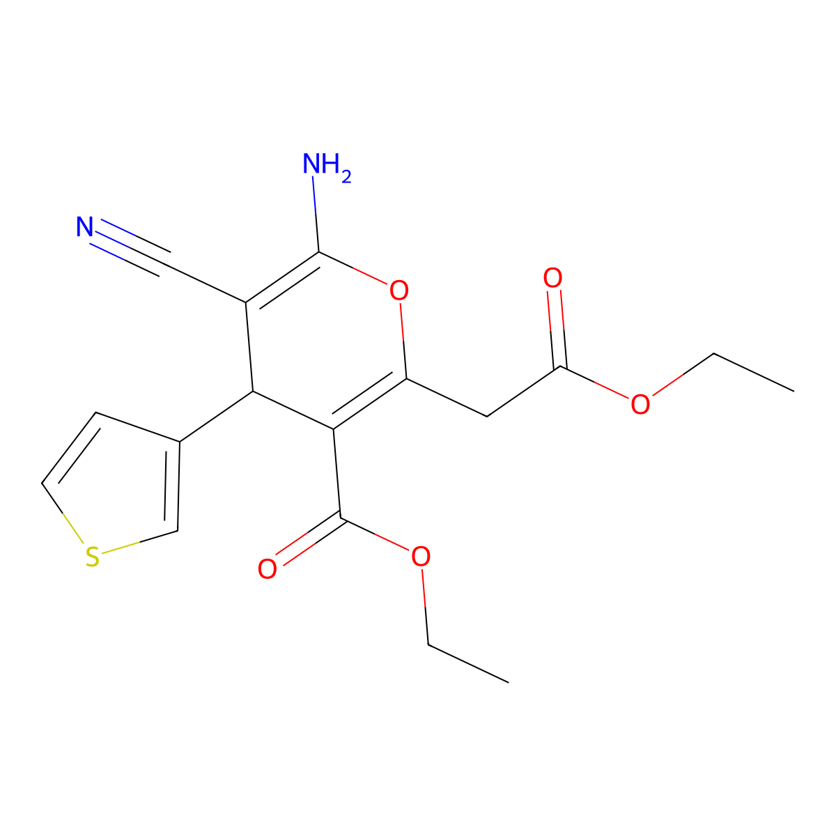 ethyl 6-amino-5-cyano-2-(2-ethoxy-2-oxoethyl)-4-(thiophen-3-yl)-4H-pyran-3-carboxylate molecular structure, CAS 313379-39-4
