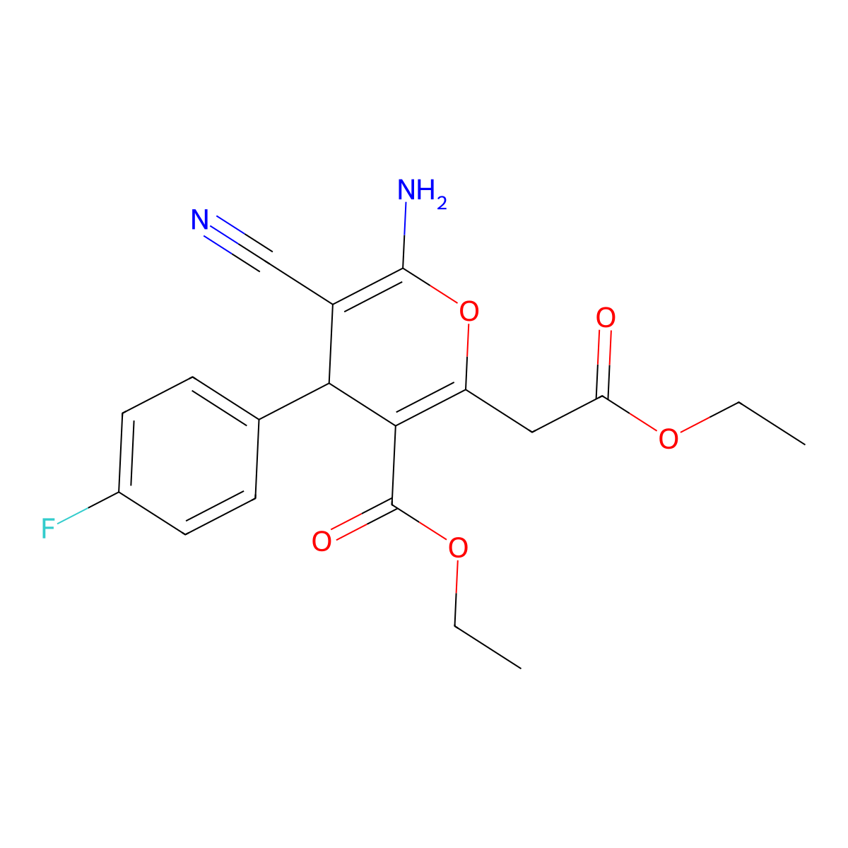 ethyl 6-amino-5-cyano-2-(2-ethoxy-2-oxoethyl)-4-(4-fluorophenyl)-4H-pyran-3-carboxylate molecular structure, CAS 313379-42-9
