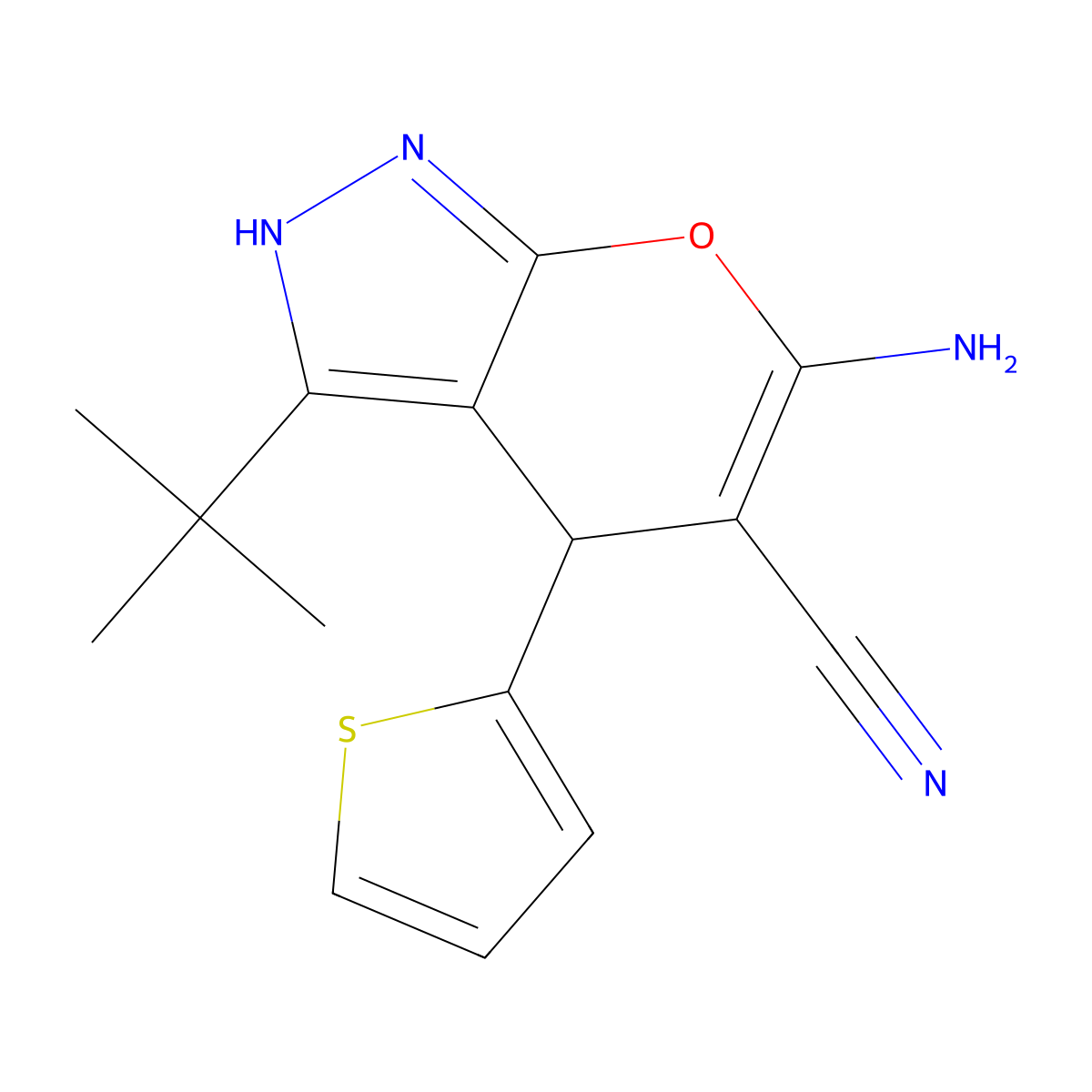 6-Amino-3-tert-butyl-4-(2-thienyl)-1,4-dihydropyrano[2,3-c]pyrazole-5-carbonitrile molecular structure, CAS 313379-43-0