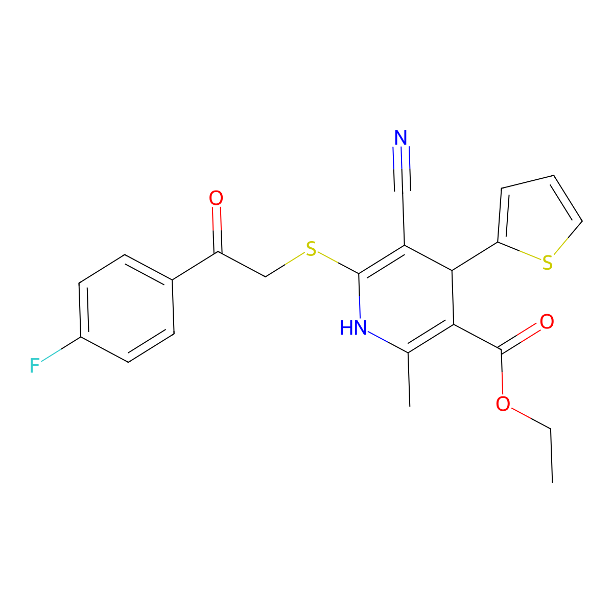 Ethyl 5-cyano-6-[2-(4-fluorophenyl)-2-oxoethyl]sulfanyl-2-methyl-4-thiophen-2-yl-1,4-dihydropyridine-3-carboxylate molecular structure, CAS 313379-53-2