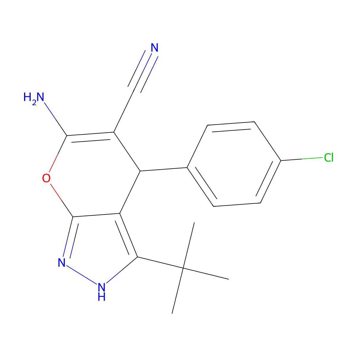 6-Amino-3-tert-butyl-4-(4-chlorophenyl)-2,4-dihydropyrano[2,3-c]pyrazole-5-carbonitrile molecular structure, CAS 313379-55-4