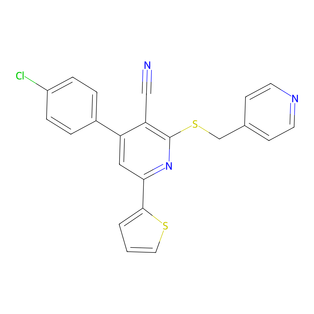 4-(4-Chlorophenyl)-2-(pyridin-4-ylmethylsulfanyl)-6-thiophen-2-ylpyridine-3-carbonitrile molecular structure, CAS 313379-59-8