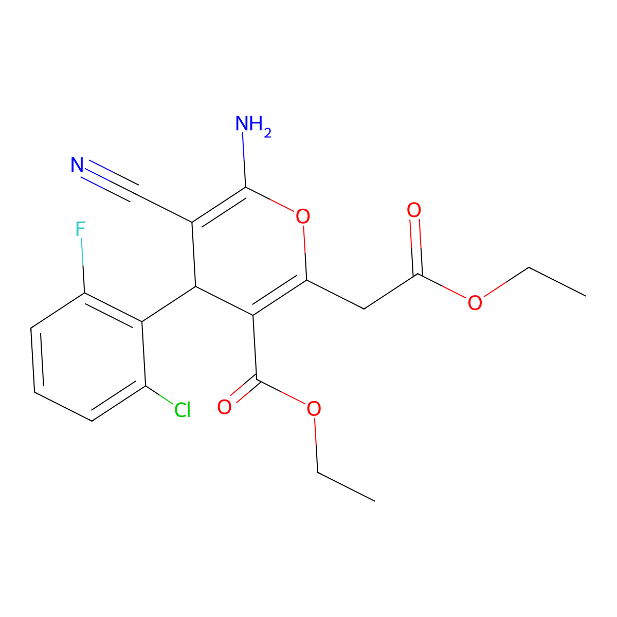 ethyl 6-amino-4-(2-chloro-6-fluorophenyl)-5-cyano-2-(2-ethoxy-2-oxoethyl)-4H-pyran-3-carboxylate molecular structure, CAS 313379-62-3