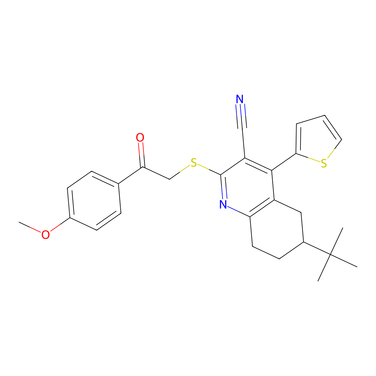6-Tert-butyl-2-[2-(4-methoxyphenyl)-2-oxoethyl]sulfanyl-4-thiophen-2-yl-5,6,7,8-tetrahydroquinoline-3-carbonitrile molecular structure, CAS 313379-63-4
