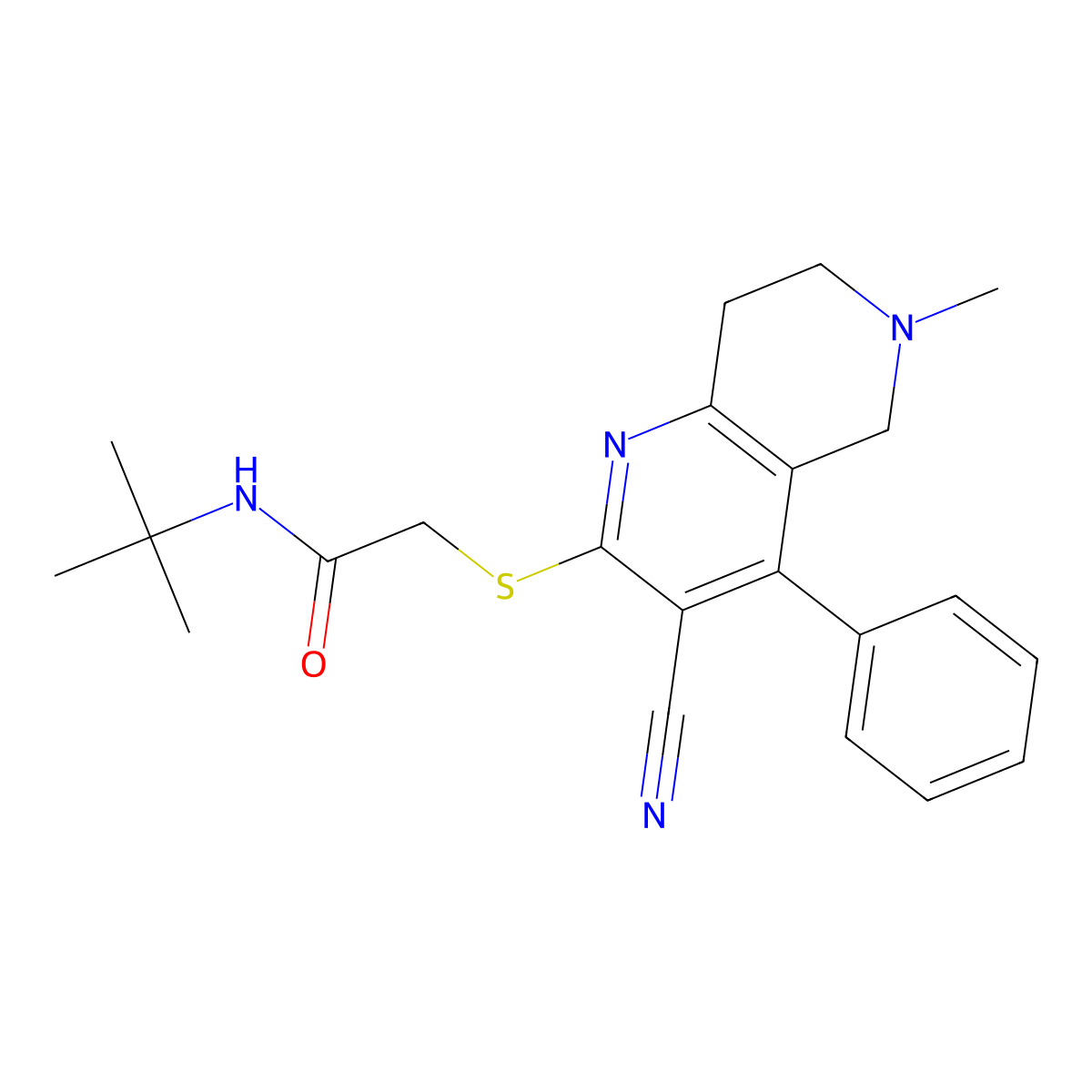 N-tert-butyl-2-[(3-cyano-6-methyl-4-phenyl-7,8-dihydro-5H-1,6-naphthyridin-2-yl)sulfanyl]acetamide molecular structure, CAS 313379-65-6
