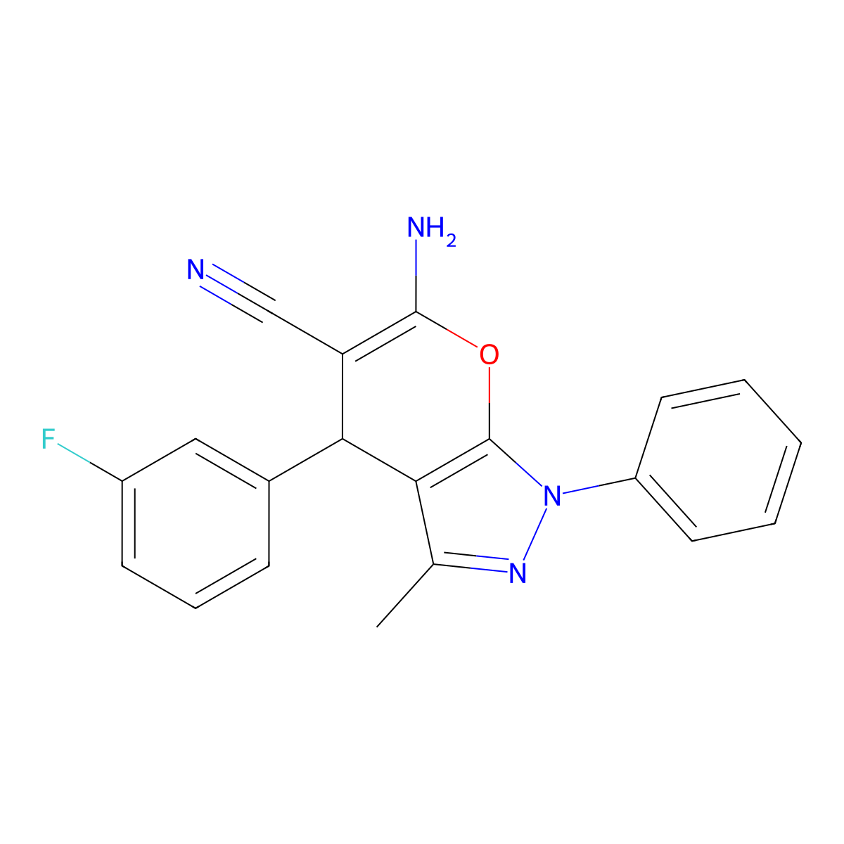 6-Amino-4-(3-fluorophenyl)-3-methyl-1-phenyl-1,4-dihydropyrano[2,3-c]pyrazole-5-carbonitrile molecular structure, CAS 313379-67-8